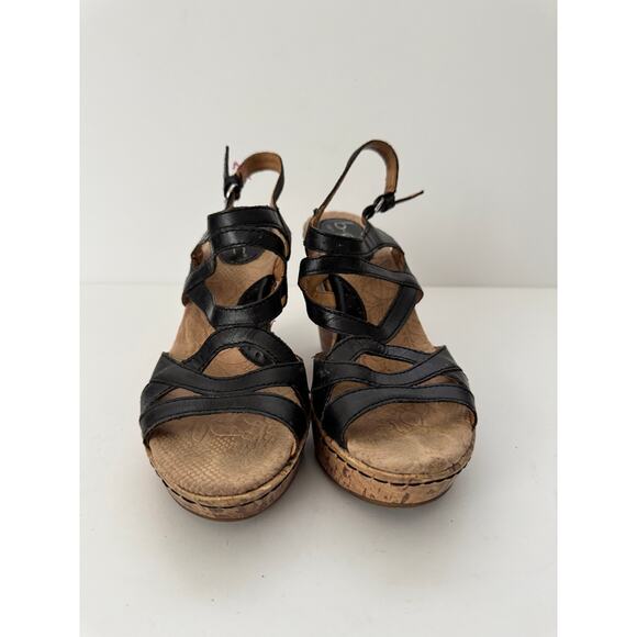 B.O.C BORN Concept Women’s 7M Wedge Sandals  lack Leather Cork Platform Shoes - Picture 3 of 7